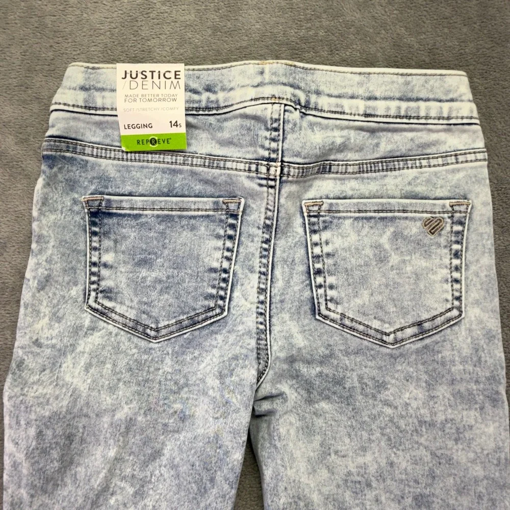 Justice Girls Denim Leggings Size 14 Slim Blue Acid Wash Soft Stretchy Comfy‎